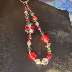 Elegant Red and Green Cherry Sequin Keychain with Wristlet Beaded Strap